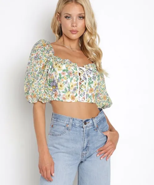 For Love & Lemons Tops>For Love & Lemons Riley Top Green Floral