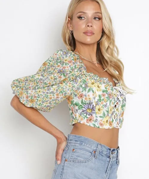 For Love & Lemons Tops>For Love & Lemons Riley Top Green Floral