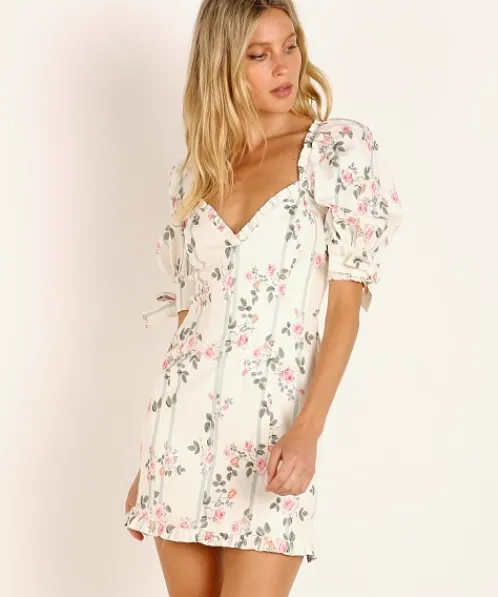 For Love & Lemons Dresses>For Love & Lemons Rose Stripe Mini Dress Ivory