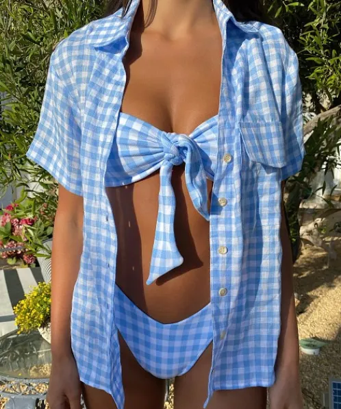 Frankie's Bikinis Cover Ups | Tops>Lou Gingham Button Down Bluebell