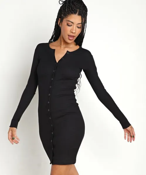 Indah Dresses>Body Lenny Solid Henley Button Front Mini Black