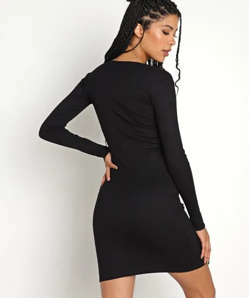 Indah Dresses>Body Lenny Solid Henley Button Front Mini Black