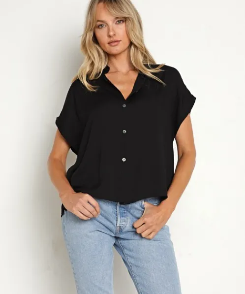 Indah Tops>Eliza Button Up Shirt Black