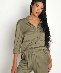 Indah Tops>Emma Solid Long Sleeve Button Up Frog