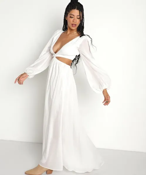 Indah Dresses>Julie Solid Cutaway Maxi Ivory