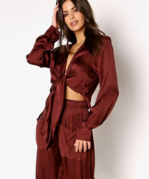 Indah Tops>Tilda Solid Tie Front Long Sleeve Port