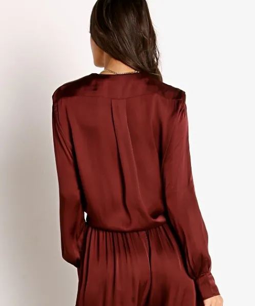 Indah Tops>Tilda Solid Tie Front Long Sleeve Port