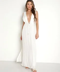 Indah Dresses>Titanium Pleated Maxi Dress Ivory