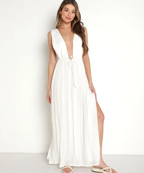 Indah Dresses>Titanium Pleated Maxi Dress Ivory
