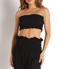 Indah Tops>Toraja Ruched Bandeau Top Black