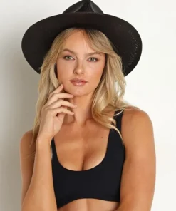 Janessa Leone Accessories>Leni Fedora Panama Straw Hat Black