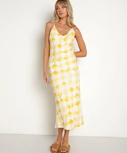 Jen's Pirate Booty Dresses>Ocean Front Skinny Dip Midi Gold Check