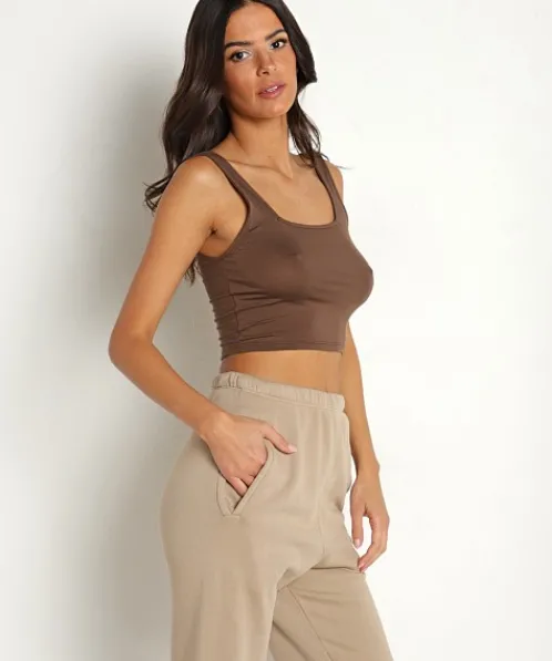 Joah Brown Tops>Square Neck Crop Tank Tobacco