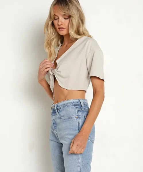 Joah Brown Tops>Twist Tee Cotton Fog