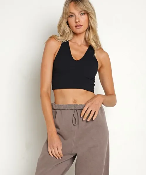 Joah Brown Tops>V Neck Tank Bra Sueded Onyx