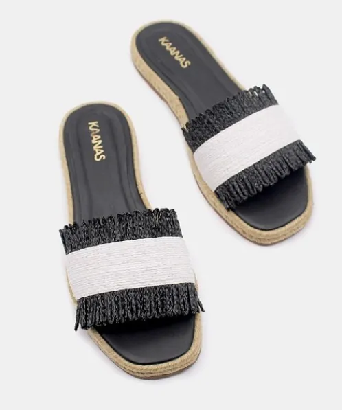 Kaanas Sandals>Jaya Two Tone Raffia Espadrille Sandal Black/White