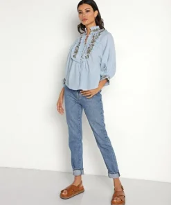 Kinga Csilla Tops>Kahlo Embroidered Blouse Blue Linen