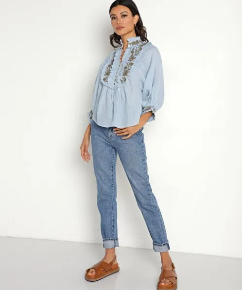 Kinga Csilla Tops>Kahlo Embroidered Blouse Blue Linen