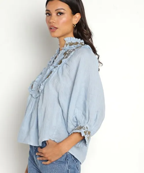 Kinga Csilla Tops>Kahlo Embroidered Blouse Blue Linen
