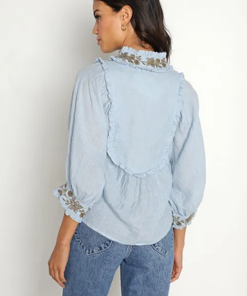 Kinga Csilla Tops>Kahlo Embroidered Blouse Blue Linen
