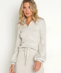 KIVARI Tops>Giselle Collared Knit Wheat