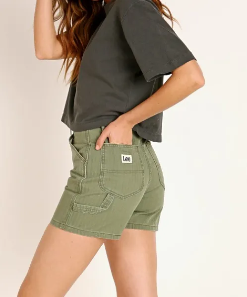 Lee Shorts>High Rise Dungaree Short Vintage Olive Herringbone