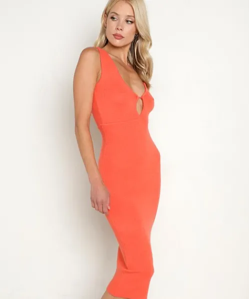 Line & Dot Dresses>Line & Dot Reese Cut Out Sweater Midi Dress Orange