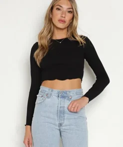 LNA Clothing Tops>Arya Cropped Long Sleeve Top Black