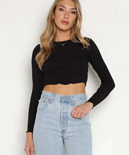 LNA Clothing Tops>Arya Cropped Long Sleeve Top Black