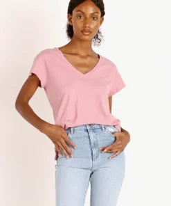 LNA Clothing Tops>Distressed V Neck Fox Glow