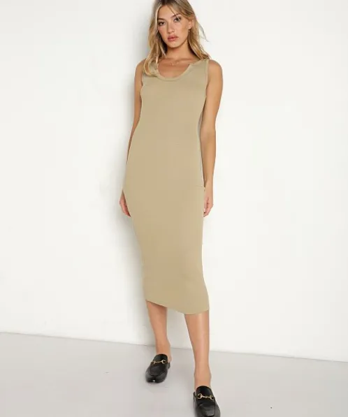 LNA Clothing Dresses>Gaia Seamed Rib Dress Pale Khaki