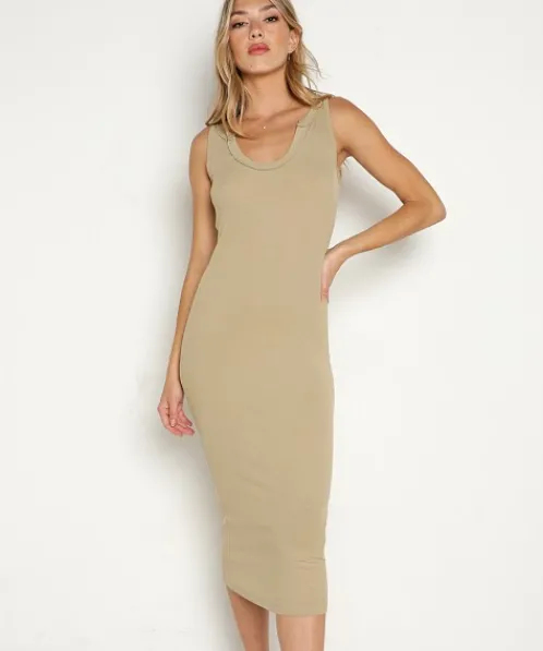 LNA Clothing Dresses>Gaia Seamed Rib Dress Pale Khaki