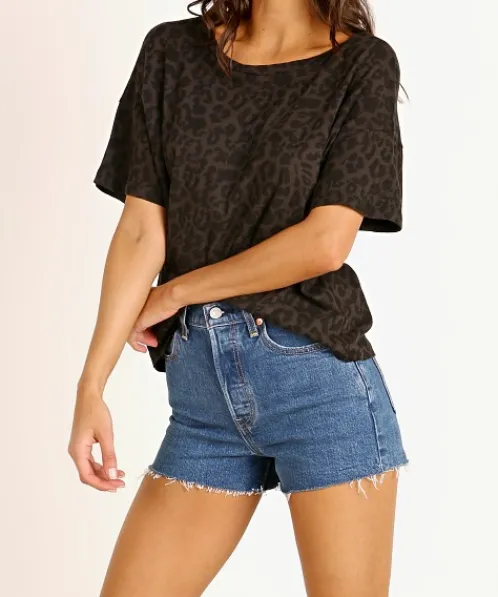 LNA Clothing Tops>Leopard Boxy Crew Black Leopard