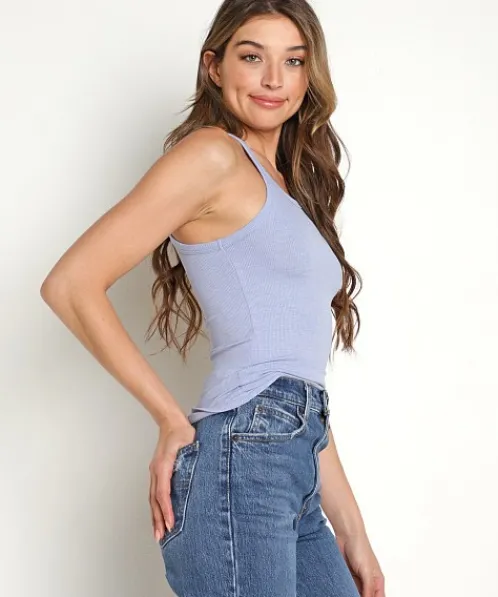 LNA Clothing Tops>Ribbed Skinny Tank Heather Iris