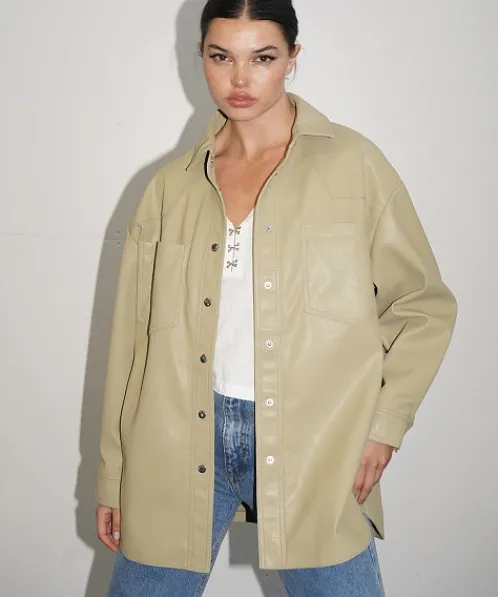 LNA Clothing Jackets>Vegan Leather Shirt Olive