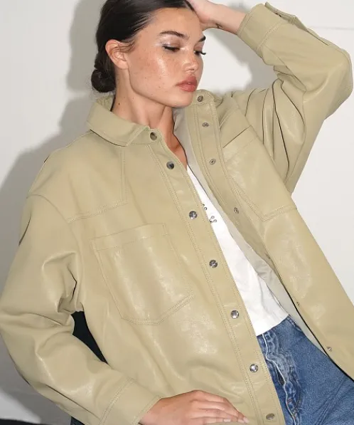 LNA Clothing Jackets>Vegan Leather Shirt Olive