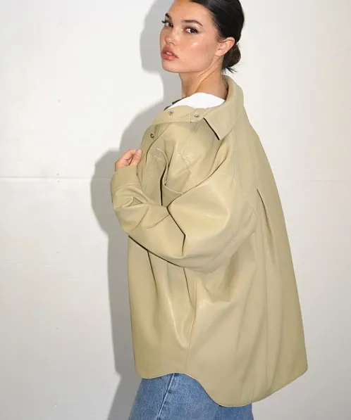 LNA Clothing Jackets>Vegan Leather Shirt Olive