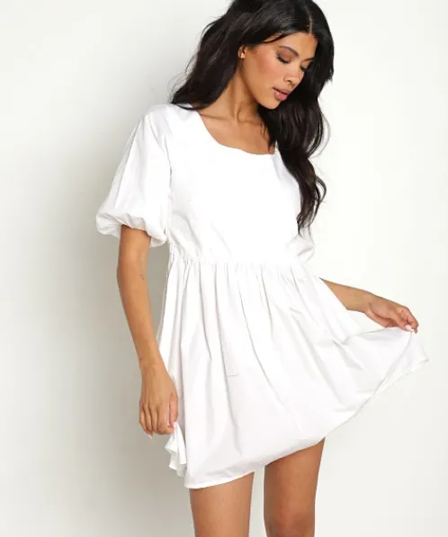 Lusana Dresses>Sophia Open Back Mini White Poplin