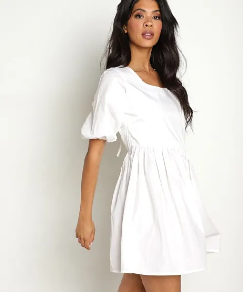 Lusana Dresses>Sophia Open Back Mini White Poplin