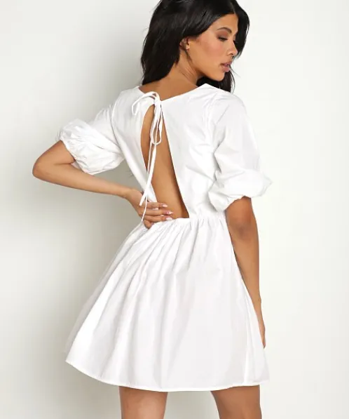 Lusana Dresses>Sophia Open Back Mini White Poplin