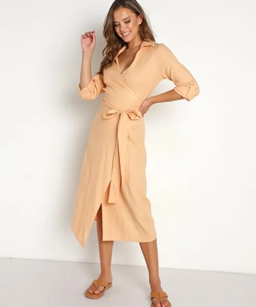 Monrow Dresses>Linen Tie Dress Desert Mist