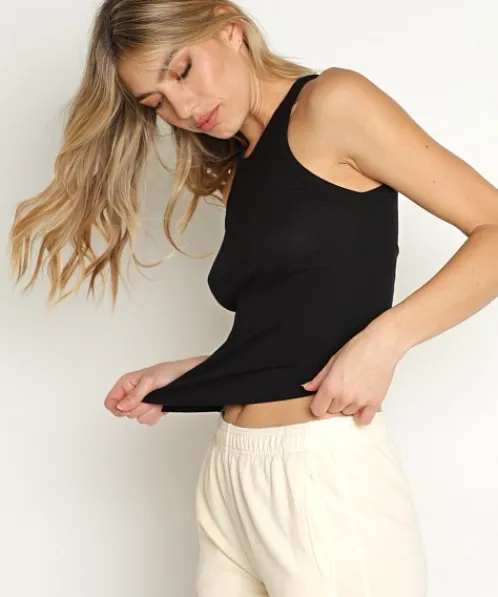 Monrow Tops>Rib Narrow Tank Black