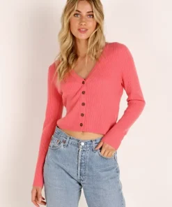 NAADAM Knits | Tops>Cashmere Deep V Ribbed Cardi Taffy Pink
