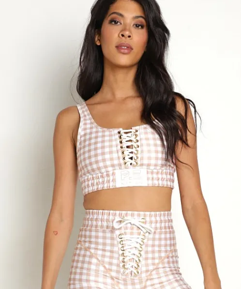 PE NATION Sports Bras>Extra Time Sports Bra Gingham Print