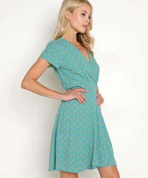 Rollas Dresses>Cleo Emmy Lou Wrap Dress Teal Print