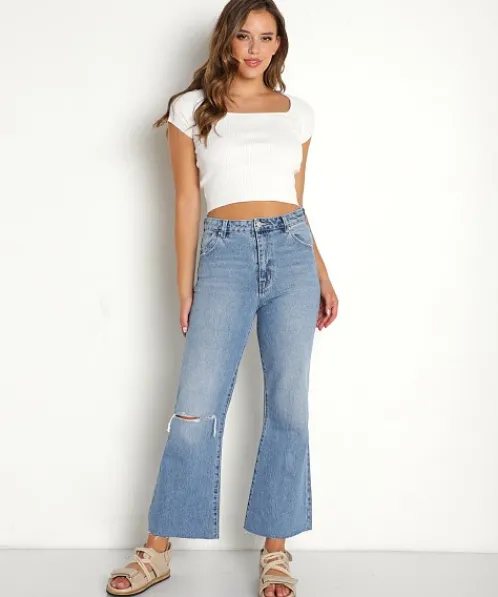 Rollas Pants>Eastcoast Crop Flare Lara Blue Organic