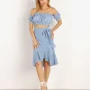 Rue Stiic Tops>Gloria Off Shoulder Top French Blue Stripe