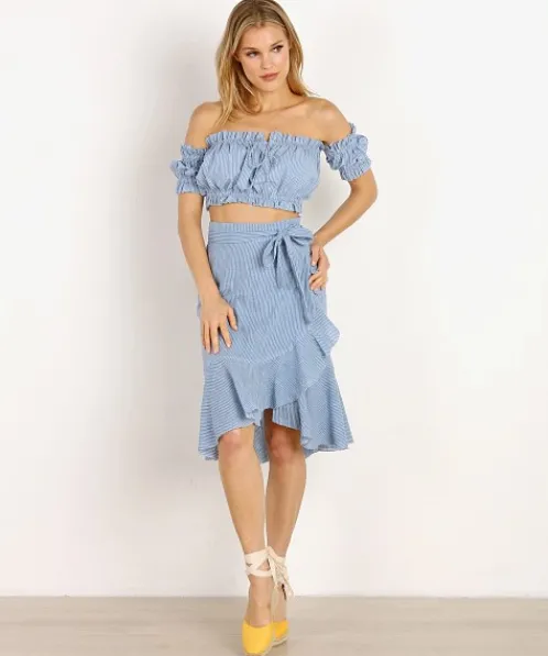 Rue Stiic Tops>Gloria Off Shoulder Top French Blue Stripe