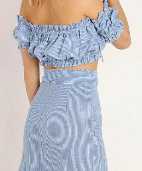Rue Stiic Tops>Gloria Off Shoulder Top French Blue Stripe