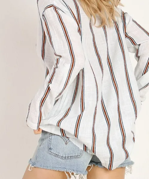 Rue Stiic Tops>Harrison Shirt White Teal Burnt Stripe